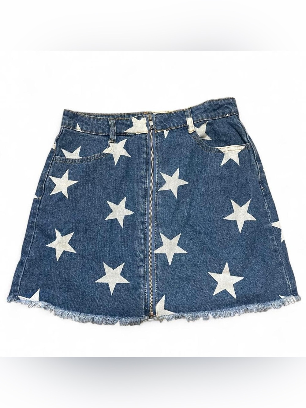 Altard State Denim Star Print Zip-Front Mini Skirt - Blue